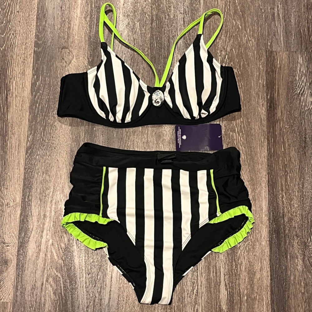 Striped Black and White Bikini with Neon Accents